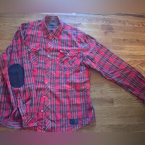 Akoo & Co Mens Size 2XL Red Long Sleeve Plaid Button Western Shirt Elbow Patches